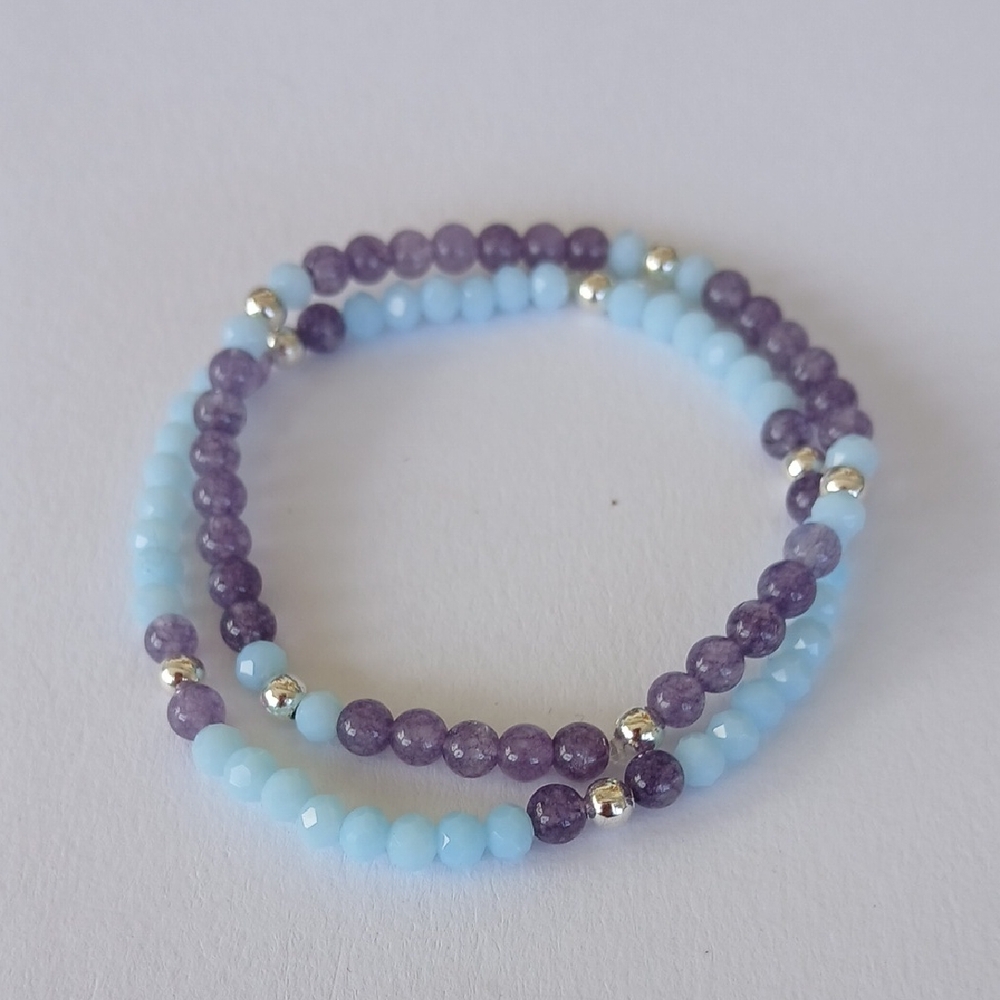 Elegant Purple and Blue Beaded Bracelet Set Of 2